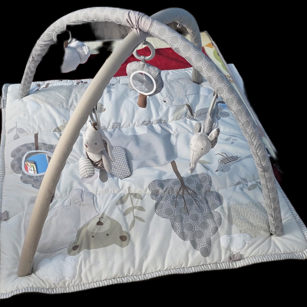 Pottery Barn Kids Neutral Gray and Beige Play Gym with Hanging Plush Toys